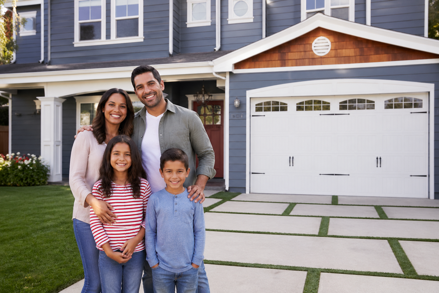 Happy family standing outside their home in front of their garage door